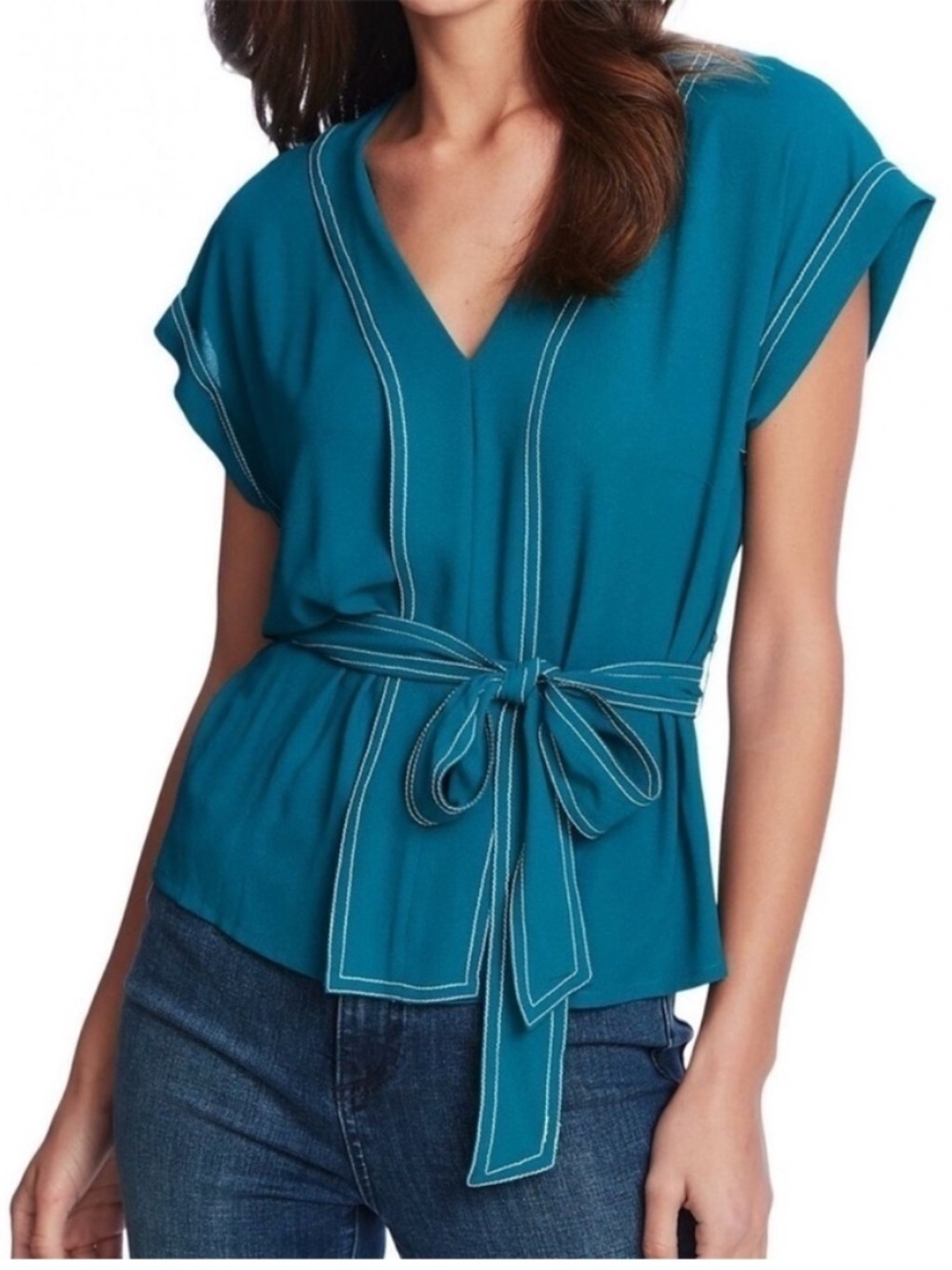 1. State Veridian Blooms Contrast Stitch Tie Waist Blouse. 3X. NWT. - Picture 1 of 8
